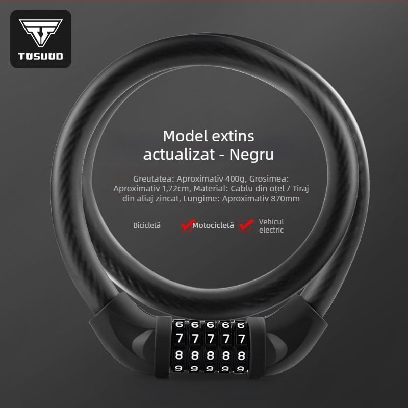 Lacăt pentru bicicletă Tosuod cu parolă de 5 cifre, din metal, lacăt inelar, portabil