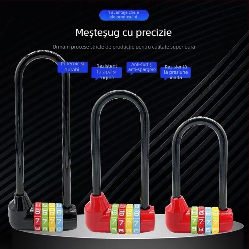 Încuietoare cu parolă în formă de U, lungă, pentru biciclete și dulapuri, model 206 Long Beam Series, din oțel inoxidabil și aliaj metalic, greutate 250 g