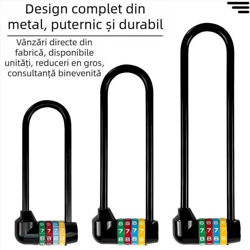 Încuietoare cu parolă în formă de U, lungă, pentru biciclete și dulapuri, model 206 Long Beam Series, din oțel inoxidabil și aliaj metalic, greutate 250 g