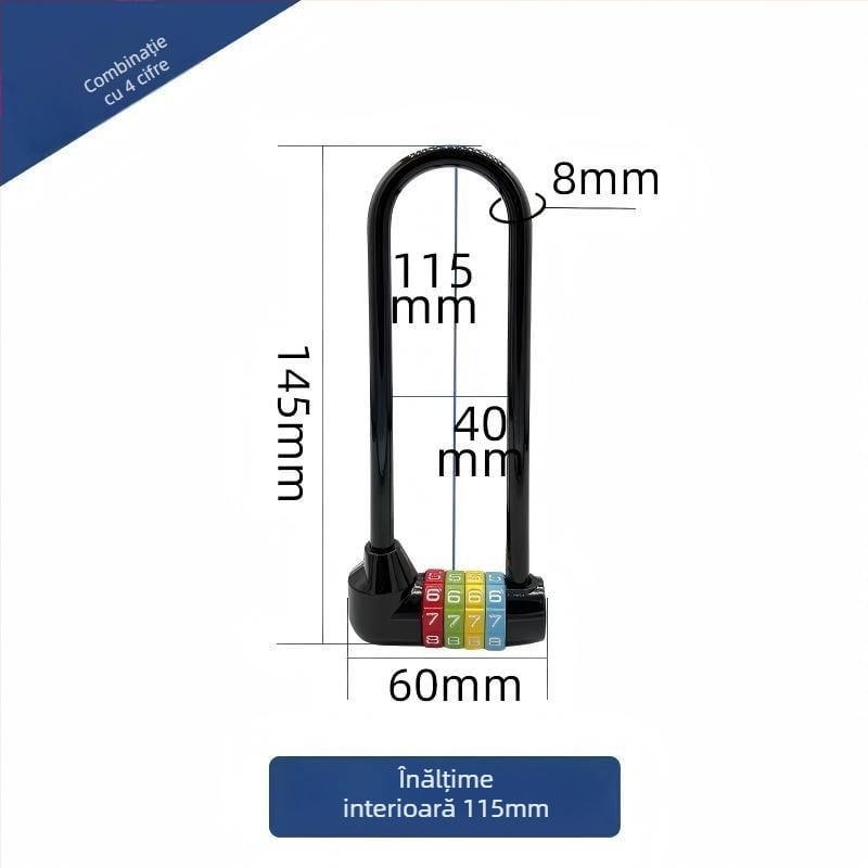 Încuietoare cu parolă în formă de U, lungă, pentru biciclete și dulapuri, model 206 Long Beam Series, din oțel inoxidabil și aliaj metalic, greutate 250 g