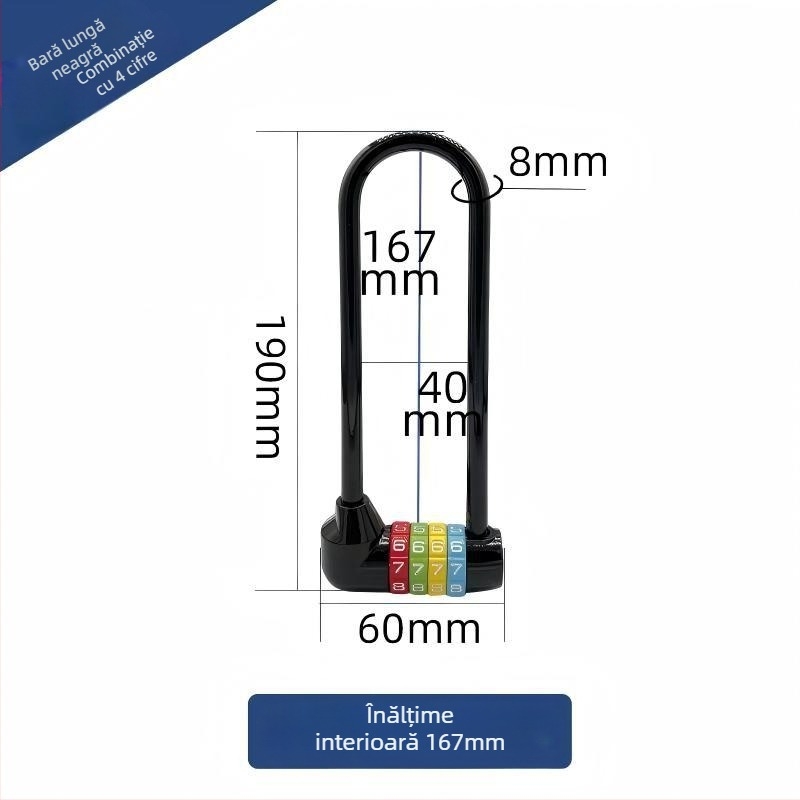 Încuietoare cu parolă în formă de U, lungă, pentru biciclete și dulapuri, model 206 Long Beam Series, din oțel inoxidabil și aliaj metalic, greutate 250 g