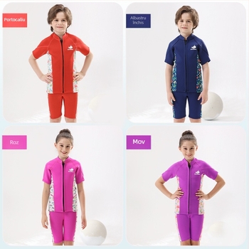 Costum de neopren pentru copii, 2.5mm, din două părți, unisex, cald, protecție solară, pentru înot, snorkeling și scufundări