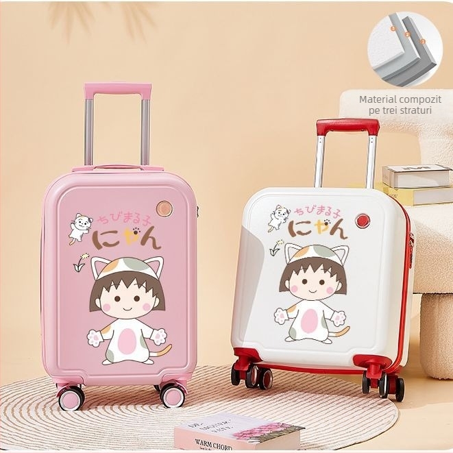 Valiză de cabină pentru copii, cu model desen animat, fermoar, compartiment extensibil, roți universale, material ABS/PC