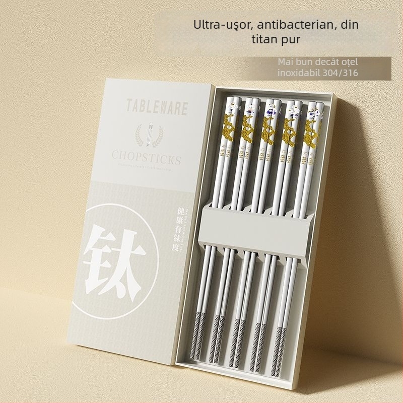 Bețișoare din titan pur – set în cutie cu 5 perechi, antibacteriale și anti-mucegai, de calitate alimentară, design minimalist modern