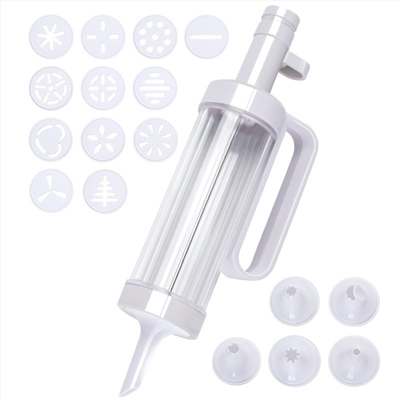 Set pistol pentru decorare prăjituri și fursecuri, duze de piping și pungă, material PS+PP, kit complet de decorare pentru coacere