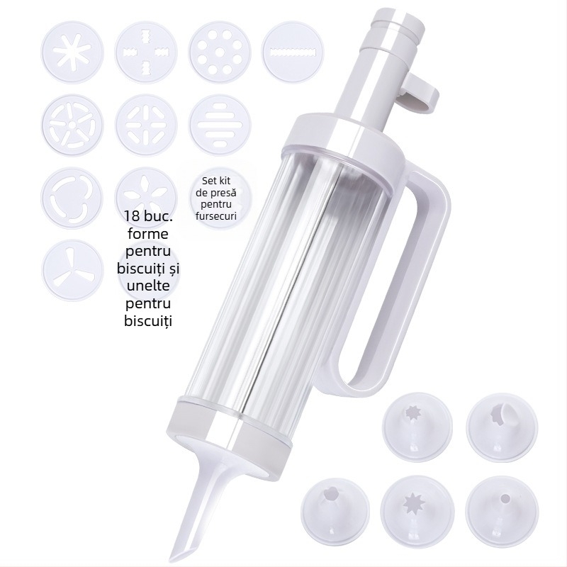 Set pistol pentru decorare prăjituri și fursecuri, duze de piping și pungă, material PS+PP, kit complet de decorare pentru coacere