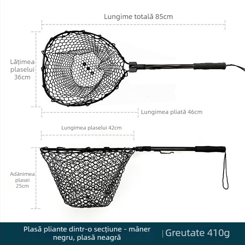 Plasă de pescuit pliabilă telescopică cu cadru din aliaj de aluminiu și plasă din cauciuc
