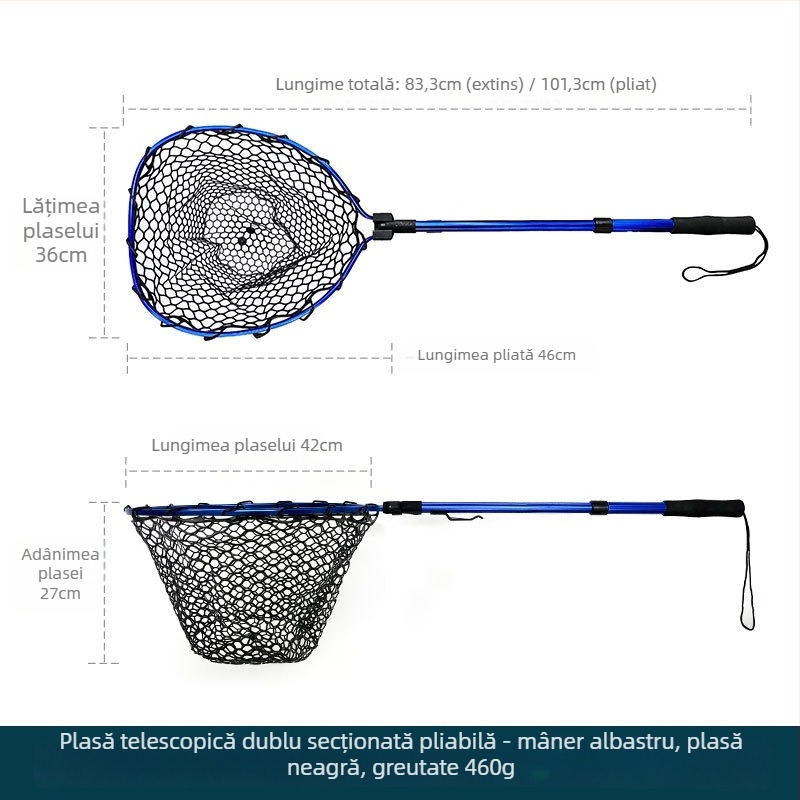 Plasă de pescuit pliabilă telescopică cu cadru din aliaj de aluminiu și plasă din cauciuc