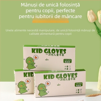 Mănuși TPE de unică folosință pentru copii, de calitate alimentară, groase, antiderapante, rezistente la ulei; material plastic, model transparent, grosime 1, protecție împotriva prafului