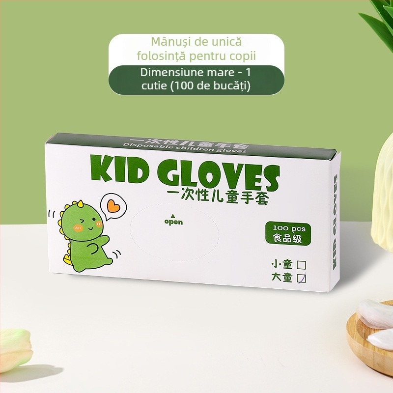 Mănuși TPE de unică folosință pentru copii, de calitate alimentară, groase, antiderapante, rezistente la ulei; material plastic, model transparent, grosime 1, protecție împotriva prafului
