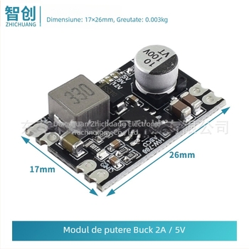 Modul de alimentare DC-DC cu conversie step-down, ieșiri duale 12V și 5V, 2A, intrare 6,3–50V, design compact