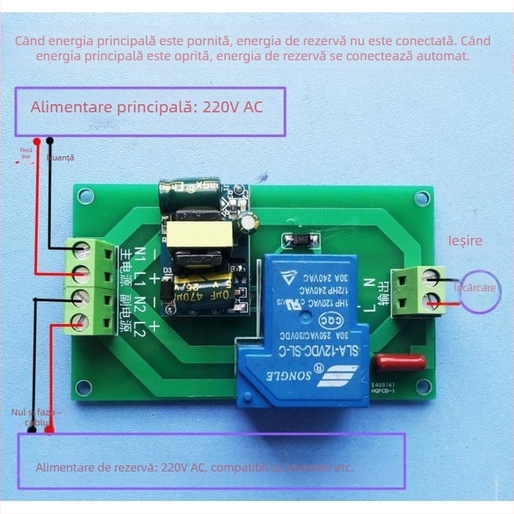 Comutator automat de alimentare cu două surse, modul principal/rezervă, suportă 5/12/24/220V
