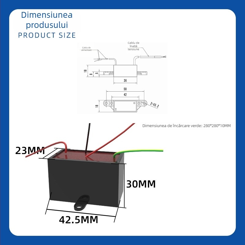 Generator de plasmă - Sterilizare și purificare a aerului, Model TFB-Y78DJ4; Dimensiune modul de alimentare: 42,5×23×30 mm; Dimensiune încărcare verde: 280×280×10 mm