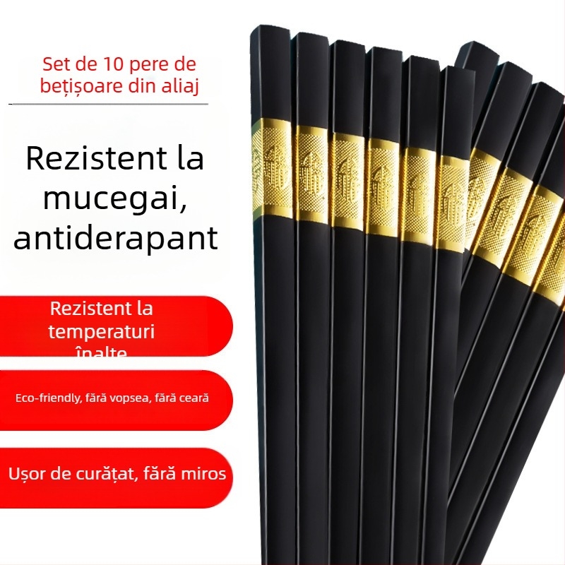 Chopsticks din aliaj rezistente la mucegai, nealunecate, rezistente la temperaturi înalte – set de 10 perechi pentru casă și hotel