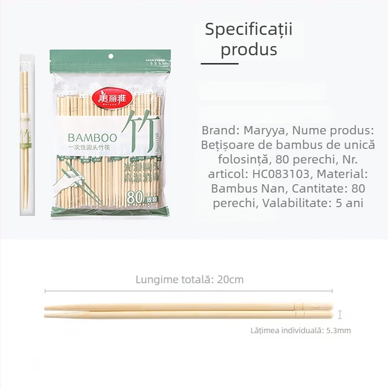 Bețișoare de bambus de unică folosință, brand Beautiful and Elegant, design minimalist, 40 sau 80 perechi pe pachet, origine Chengdu