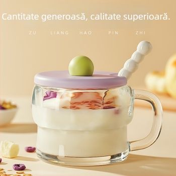 Pahar de mic dejun din sticlă cu capac și linguriță, cu mâner, formă neregulată, sticlă soda-lime, 540 g