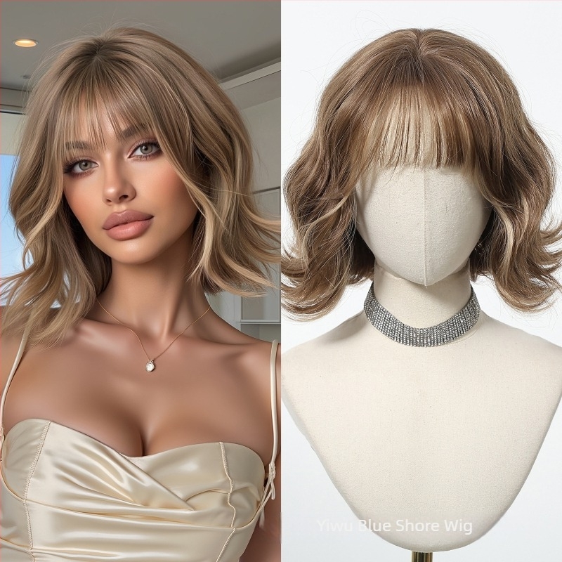 Perucă, bob scurt buclat, stil coreean, breton, din mătase, model SWLC1238-6BR10