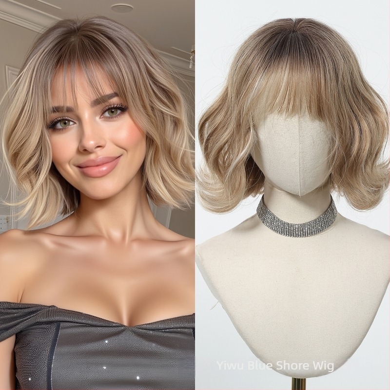 Perucă, bob scurt buclat, stil coreean, breton, din mătase, model SWLC1238-6BR10