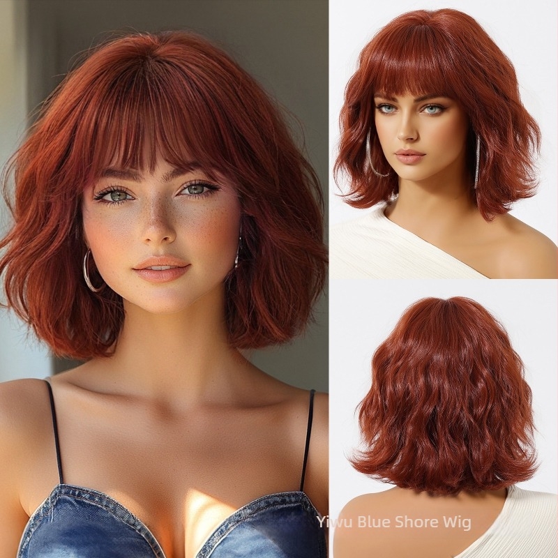 Perucă, bob scurt buclat, stil coreean, breton, din mătase, model SWLC1238-6BR10