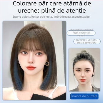 Perucă pentru femei, scurtă cu breton drept, aspect natural pentru uz zilnic, păr din mătase rezistentă la temperaturi înalte, tip universal, nu poate fi vopsită