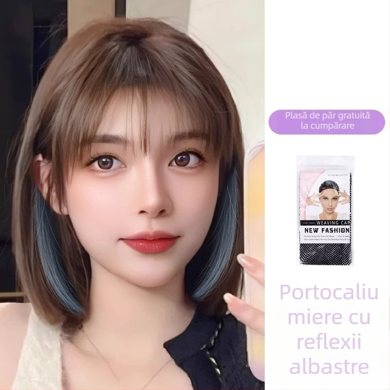 Perucă pentru femei, scurtă cu breton drept, aspect natural pentru uz zilnic, păr din mătase rezistentă la temperaturi înalte, tip universal, nu poate fi vopsită