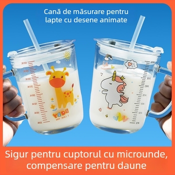 Ceașcă de lapte cu scară gradată din sticlă sodiu-calciu, potrivită pentru microunde, stil Cartoon, Liuliang