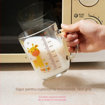 Ceașcă de lapte cu scară gradată din sticlă sodiu-calciu, potrivită pentru microunde, stil Cartoon, Liuliang
