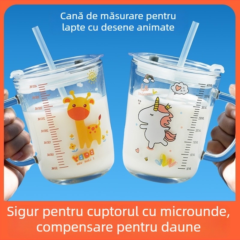 Ceașcă de lapte cu scară gradată din sticlă sodiu-calciu, potrivită pentru microunde, stil Cartoon, Liuliang