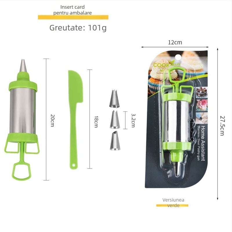 Set de decorare cu pistol de decorare din oțel inoxidabil, cu extruder pentru fursecuri și matrițe pentru biscuiți, pentru decorarea torturilor, lansat în 2024.