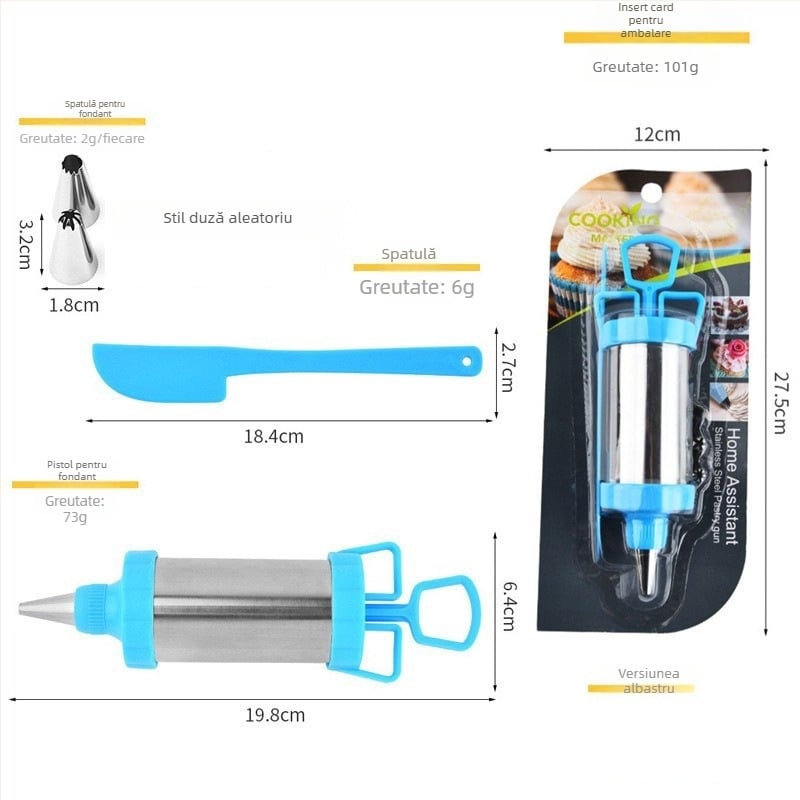 Set de decorare cu pistol de decorare din oțel inoxidabil, cu extruder pentru fursecuri și matrițe pentru biscuiți, pentru decorarea torturilor, lansat în 2024.