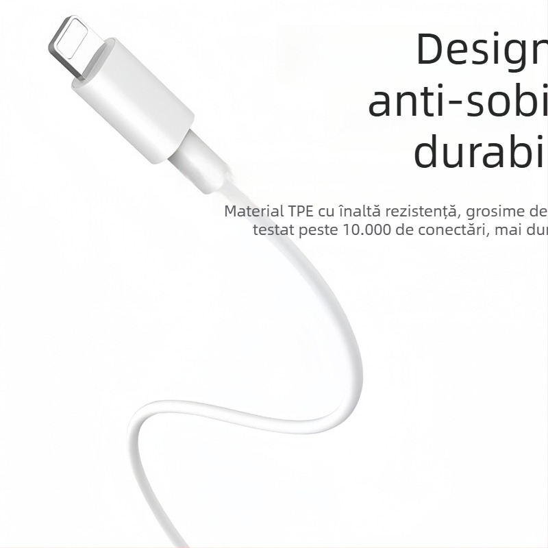 Cablu de încărcare cu interfețe Lightning și Micro USB, lungime 1–2 m, material TPE, oprire automată, putere maximă 12 W.