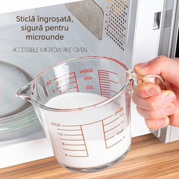 Pahar de măsură din sticlă cu scară ml, rezistent la căldură, din sticlă borosilicat, cu mâner, pentru coacere.