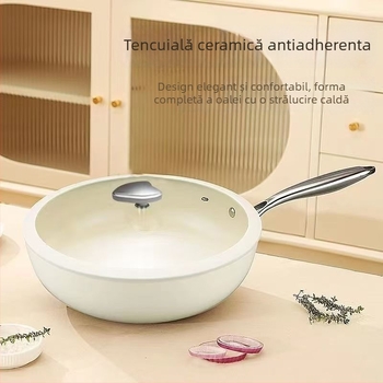 Pebble Wok Tigaie ceramică antiaderentă cu glazură; Material: fier rafinat; Capac din oțel inoxidabil cu sticlă; Compatibil cu inducția, gazul și cuptorul cu microunde; Greutate 2,5 kg