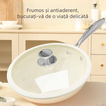 Pebble Wok Tigaie ceramică antiaderentă cu glazură; Material: fier rafinat; Capac din oțel inoxidabil cu sticlă; Compatibil cu inducția, gazul și cuptorul cu microunde; Greutate 2,5 kg