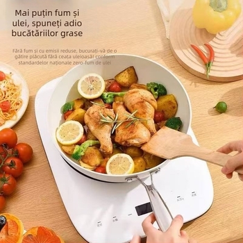 Pebble Wok Tigaie ceramică antiaderentă cu glazură; Material: fier rafinat; Capac din oțel inoxidabil cu sticlă; Compatibil cu inducția, gazul și cuptorul cu microunde; Greutate 2,5 kg