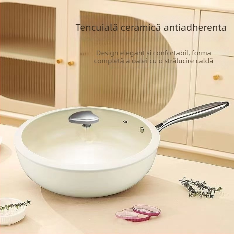 Pebble Wok Tigaie ceramică antiaderentă cu glazură; Material: fier rafinat; Capac din oțel inoxidabil cu sticlă; Compatibil cu inducția, gazul și cuptorul cu microunde; Greutate 2,5 kg