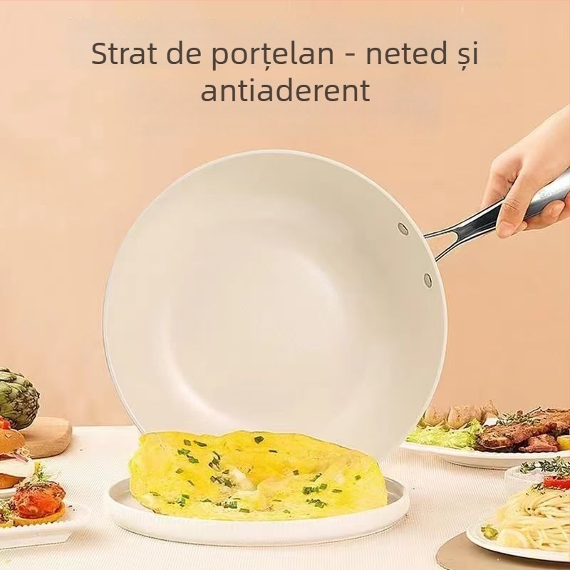 Pebble Wok Tigaie ceramică antiaderentă cu glazură; Material: fier rafinat; Capac din oțel inoxidabil cu sticlă; Compatibil cu inducția, gazul și cuptorul cu microunde; Greutate 2,5 kg