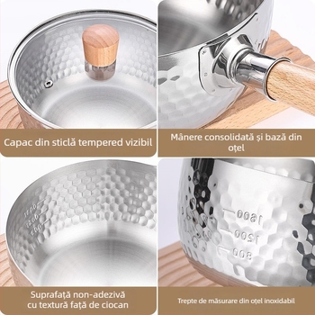 Oală de lapte din oțel inoxidabil 316, fund dublu strat, capac din sticlă, antiaderent, stil minimalist modern