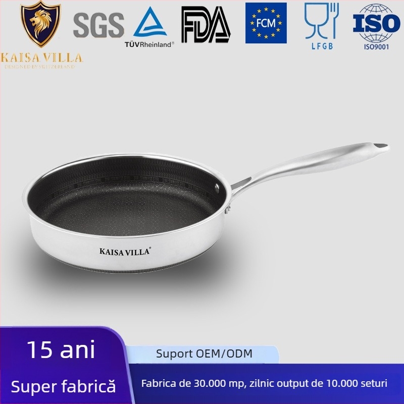 Tigaie din oțel inoxidabil 316L, cu strat antiaderent, fund de 4 straturi, bază plată, pentru prăjit și grătar, compatibil gaz și inducție