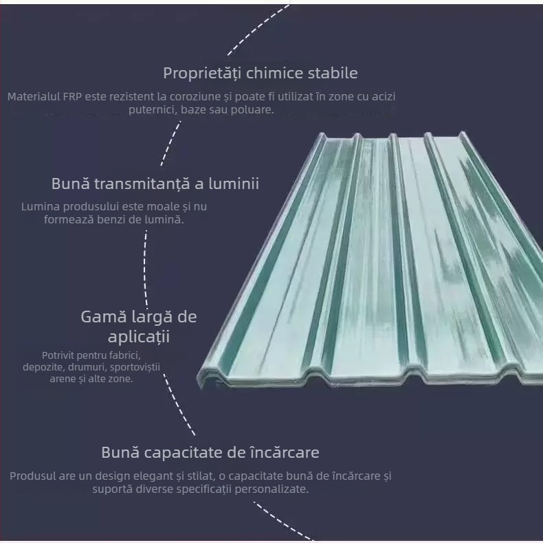 Panou de iluminat din FRP transparent, cu profil de țiglă de creastă, anticoroziv și ignifug