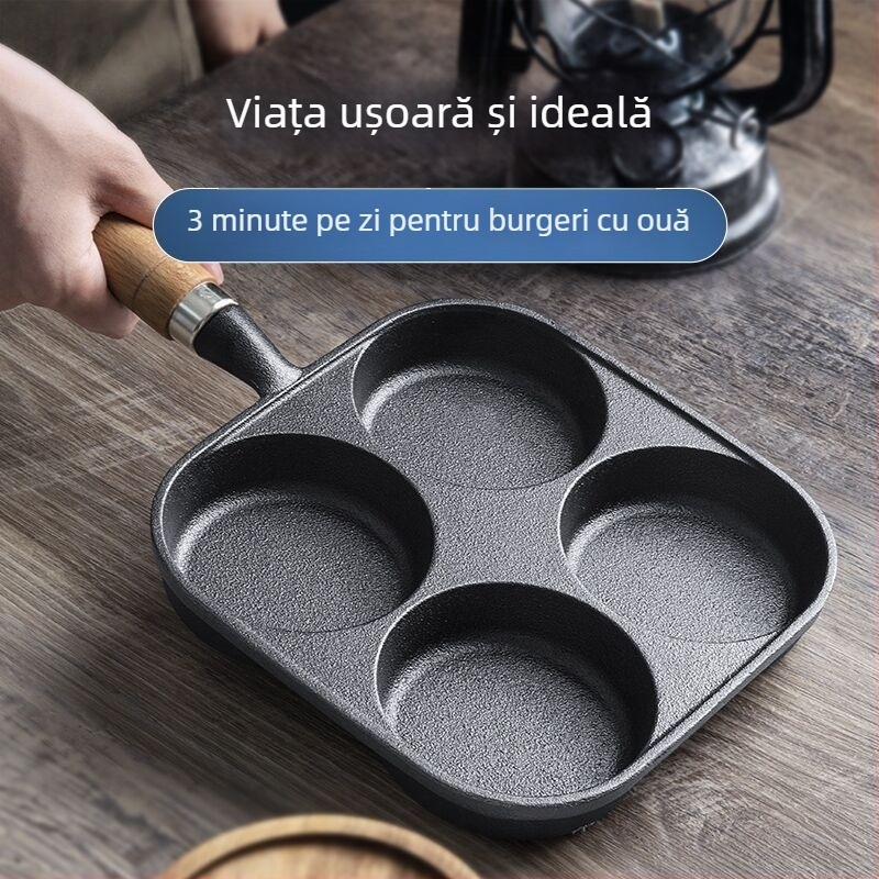 Tigaie din fontă cu patru găuri pentru ouă-burger, adâncă, suprafață antiaderentă