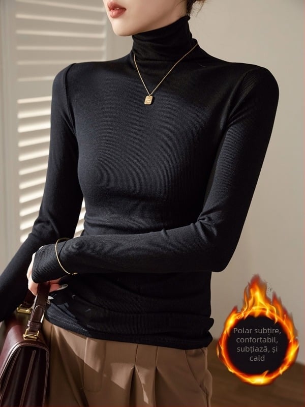 Top damă cu mânecă lungă, guler înalt, croială slim, căptușit cu fleece pentru căldură, stil casual