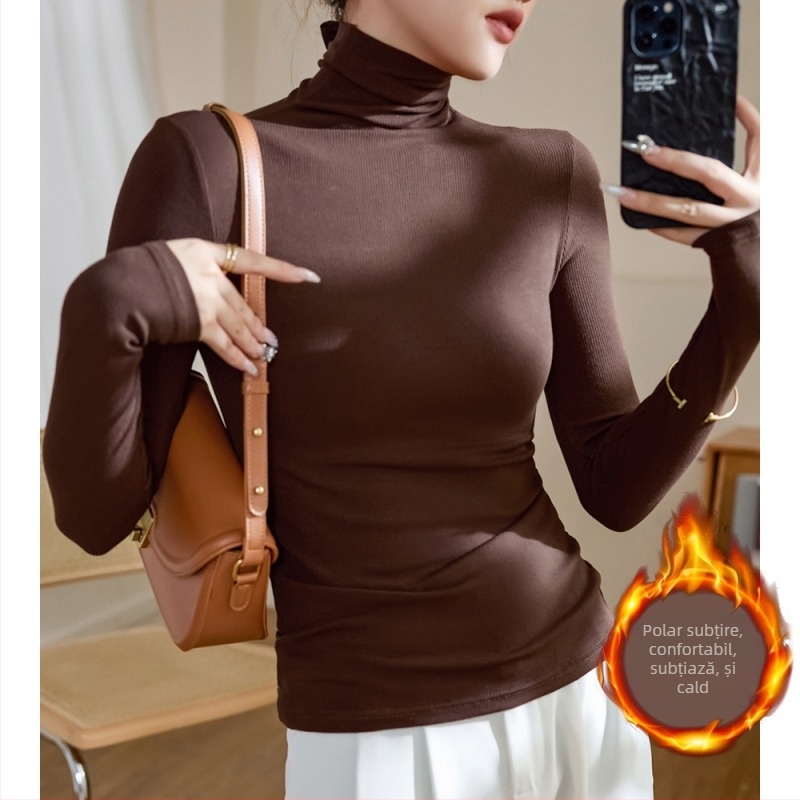 Top damă cu mânecă lungă, guler înalt, croială slim, căptușit cu fleece pentru căldură, stil casual