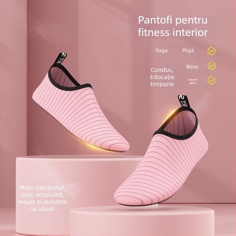 Pantofi pentru fitness interior – talpă moale, ușoare, antiderapante, model în dungi, potriviți pentru dans și antrenament acasă (Talpa: cauciuc natural; Partea superioară: bumbac; Interior: bumbac; Înălțime gleznă: joasă)