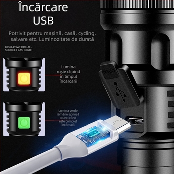 Lanternă LED, corp din aliaj de aluminiu, putere 10W, baterie de 2400 mAh, rază 200–500 m