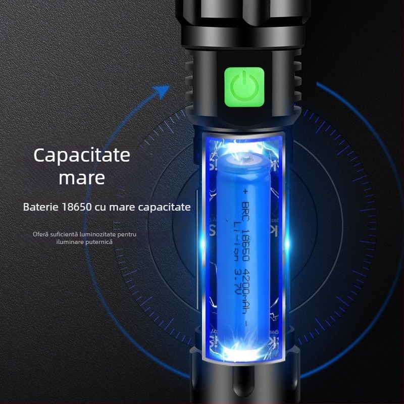 Lanternă LED, corp din aliaj de aluminiu, putere 10W, baterie de 2400 mAh, rază 200–500 m