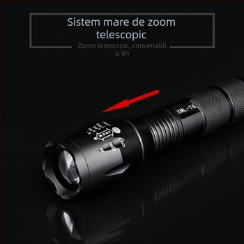 Lanternă LED T6 cu zoom, reîncărcabilă, corp din aliaj de aluminiu, baterie 18650, rază peste 500 m