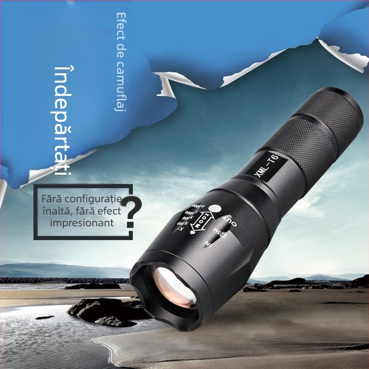 Lanternă LED T6 cu zoom, reîncărcabilă, corp din aliaj de aluminiu, baterie 18650, rază peste 500 m