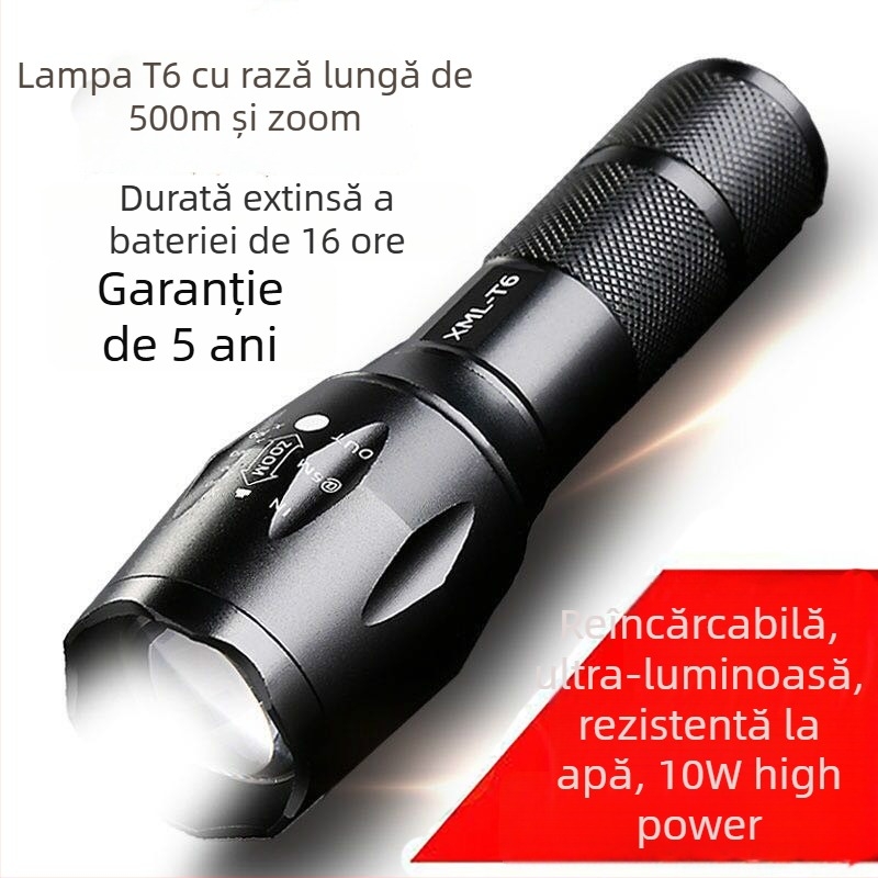 Lanternă LED T6 cu zoom, reîncărcabilă, corp din aliaj de aluminiu, baterie 18650, rază peste 500 m