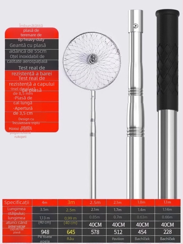Set telescopic din oțel inoxidabil pentru plasă de pescuit, ultra-robust, cu cap de plasă DSHAJDI02